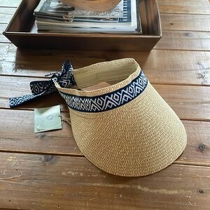NWT Sea and Grass Straw Visor with Navy Ribbon